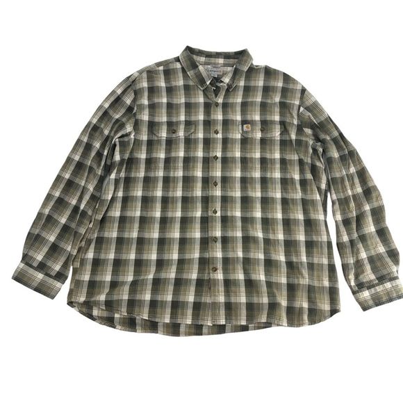 Carhartt Shirt Mens 3XLT Olive Green Plaid Flannel Button Up Relaxed  102816 391 - Picture 1 of 9